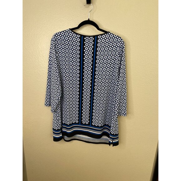 Croft & Barrow Womens 1X Blue Black 3/4 Sleeve Top Geometric Floral Polyester - Picture 3 of 7
